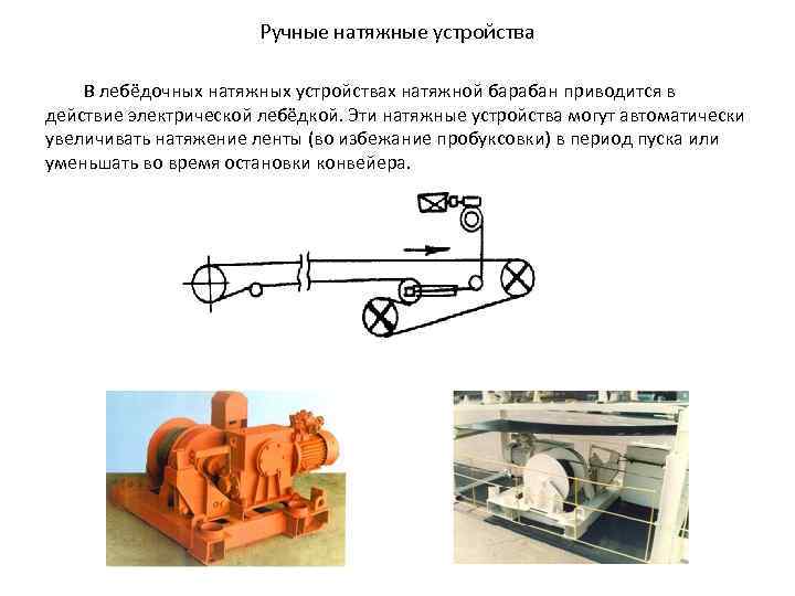 Ручные натяжные устройства В лебёдочных натяжных устройствах натяжной барабан приводится в действие электрической лебёдкой.