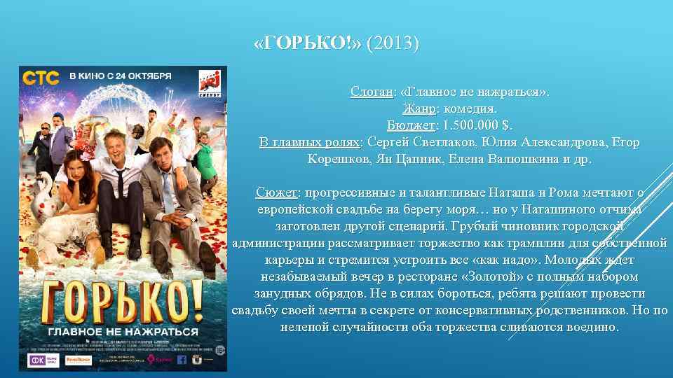  «ГОРЬКО!» (2013) Слоган: «Главное не нажраться» . Жанр: комедия. Бюджет: 1. 500. 000