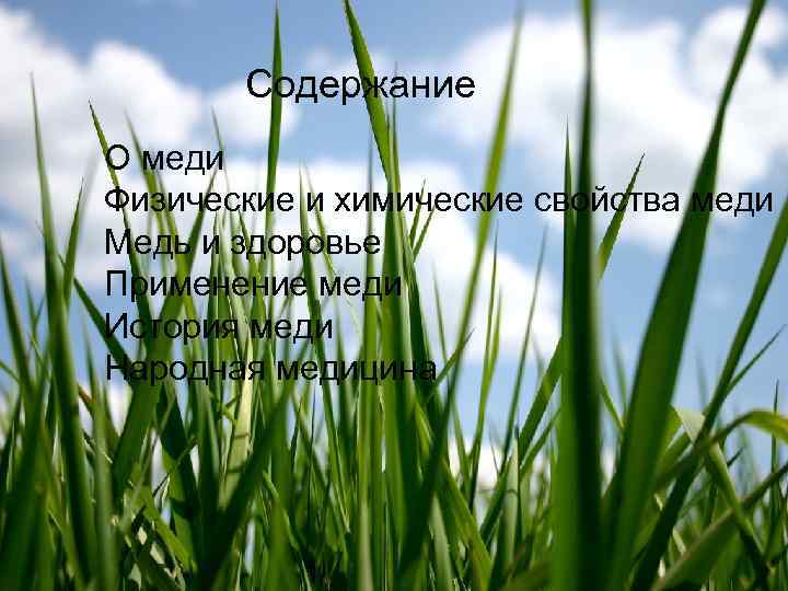 Содержание О меди Физические и химические свойства меди Медь и здоровье Применение меди История