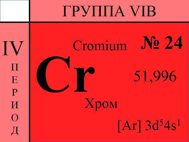 ГРУППА VIB IV П Е Р И О Д Cromium Cr № 24 51,