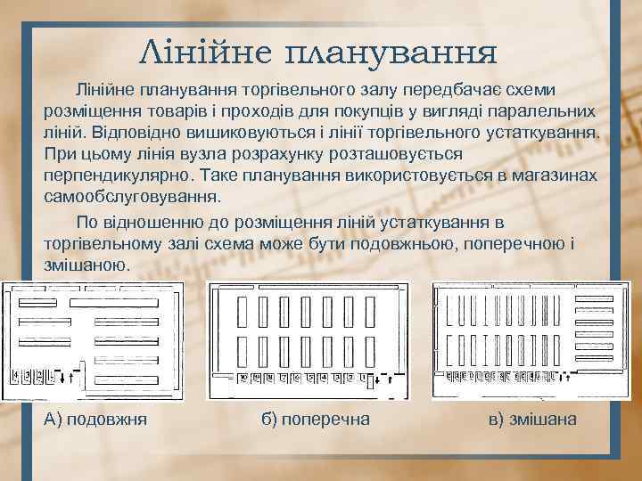 Лінійне планування торгівельного залу передбачає схеми розміщення товарів і проходів для покупців у вигляді