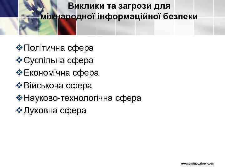 Виклики та загрози для міжнародної інформаційної безпеки v Політична сфера v Суспільна сфера v