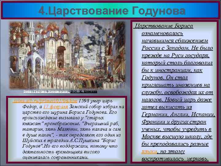 4. Царствование Годунова Борис Годунов. Коронование. 1934 К. Коровин taina. aib. ru/primeti/01/06. htm 1598