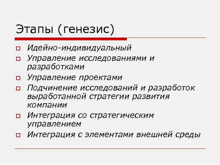 Этапы (генезис) o o o Идейно-индивидуальный Управление исследованиями и разработками Управление проектами Подчинение исследований