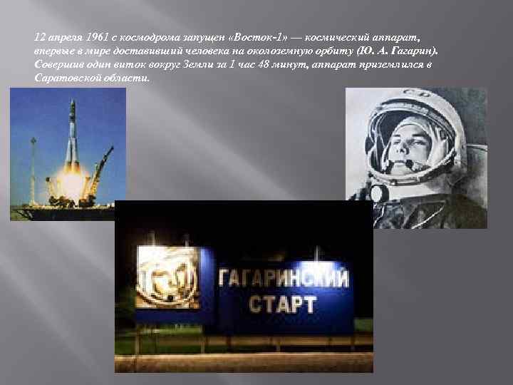 12 апреля 1961 с космодрома запущен «Восток-1» — космический аппарат, впервые в мире доставивший