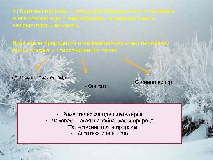 4) Картины природы – повод для размышления о человеке, о его отношениях с мирозданием,
