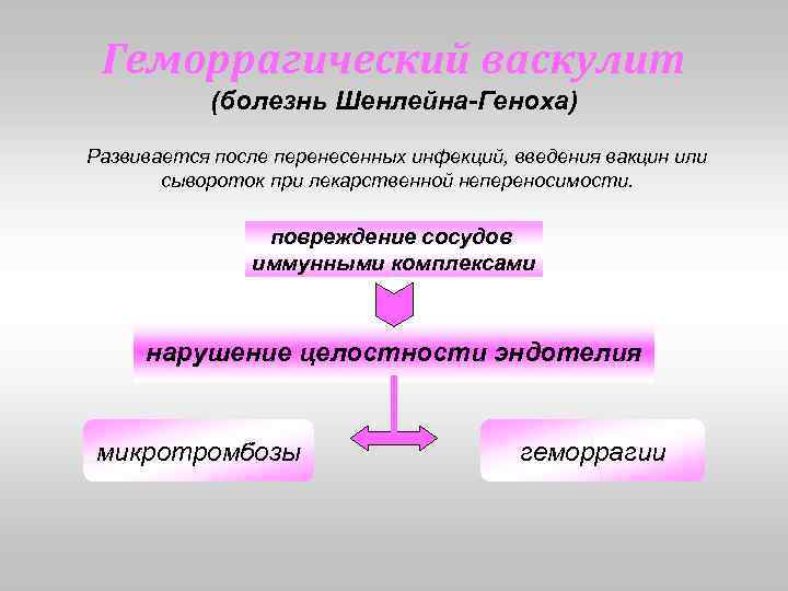Геморрагический васкулит (болезнь Шенлейна-Геноха) Развивается после перенесенных инфекций, введения вакцин или сывороток при лекарственной