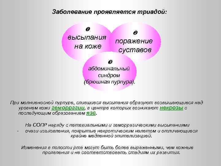 Заболевание проявляется триадой: высыпания на коже поражение суставов абдоминальный синдром (брюшная пурпура). При молниеносной