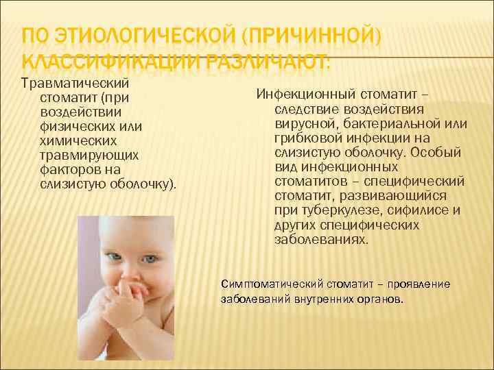 Травматический стоматит (при воздействии физических или химических травмирующих факторов на слизистую оболочку). Инфекционный стоматит