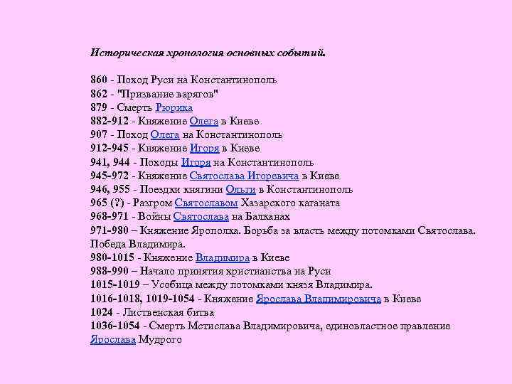 Историческая хронология основных событий. 860 Поход Руси на Константинополь 862 "Призвание варягов" 879 Смерть