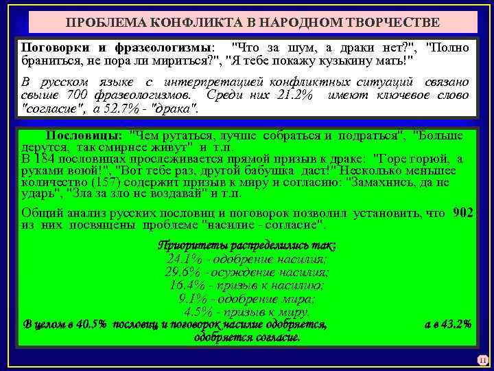 ПРОБЛЕМА КОНФЛИКТА В НАРОДНОМ ТВОРЧЕСТВЕ Поговорки и фразеологизмы: 