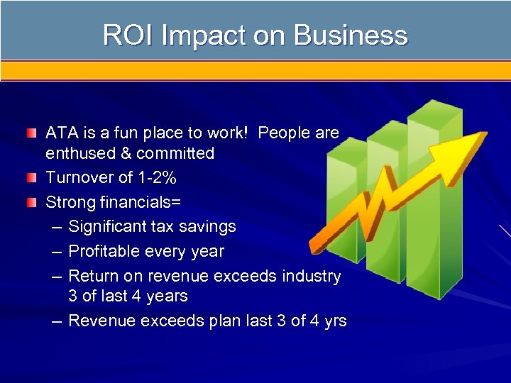 ROI Impact on Business ATA is a fun place to work! People are enthused