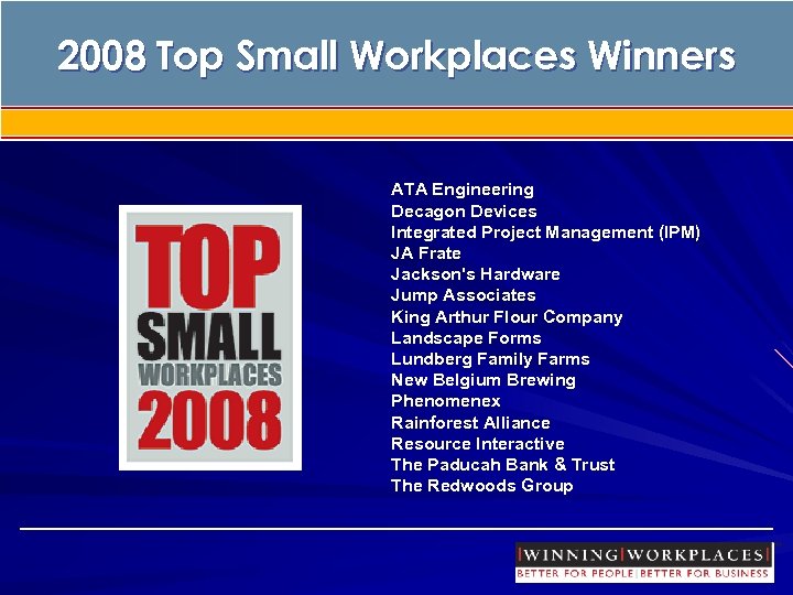 Top Small Workplaces 2008 Top Small Workplaces Winners ATA Engineering Decagon Devices Integrated Project