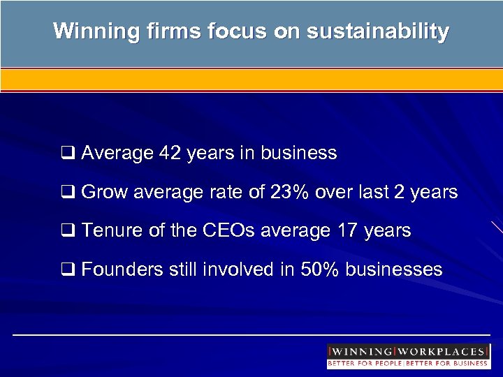Winning firms focus on sustainability q Average 42 years in business q Grow average