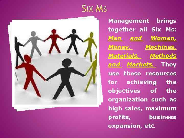 Management brings together all Six Ms: Men and Money, Materials, and Women, Machines, Methods