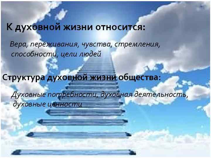 К духовной жизни относится: Вера, переживания, чувства, стремления, способности, цели людей Структура духовной жизни