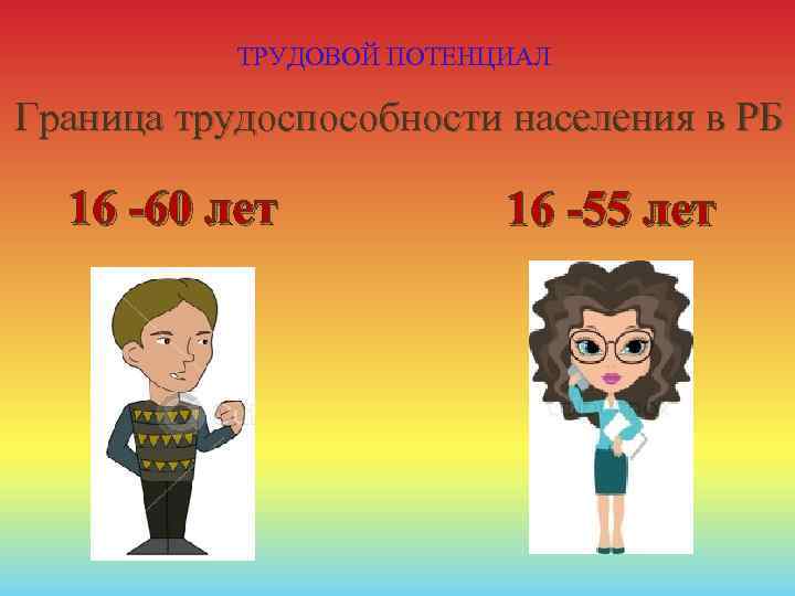 ТРУДОВОЙ ПОТЕНЦИАЛ Граница трудоспособности населения в РБ 16 -60 лет 16 -55 лет 