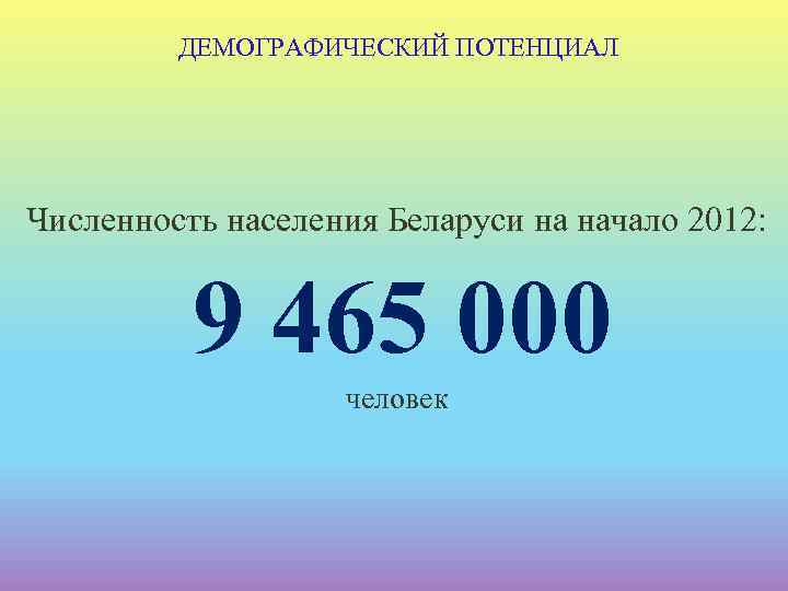 ДЕМОГРАФИЧЕСКИЙ ПОТЕНЦИАЛ Численность населения Беларуси на начало 2012: 9 465 000 человек 