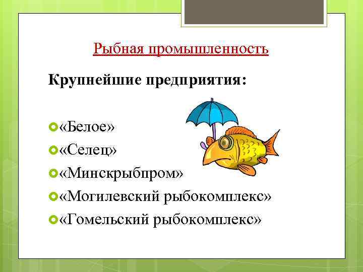 Рыбная промышленность Крупнейшие предприятия: «Белое» «Селец» «Минскрыбпром» «Могилевский рыбокомплекс» «Гомельский рыбокомплекс» 