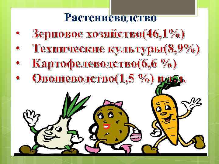  • • Растениеводство Зерновое хозяйство(46, 1%) Технические культуры(8, 9%) Картофелеводство(6, 6 %) Овощеводство(1,