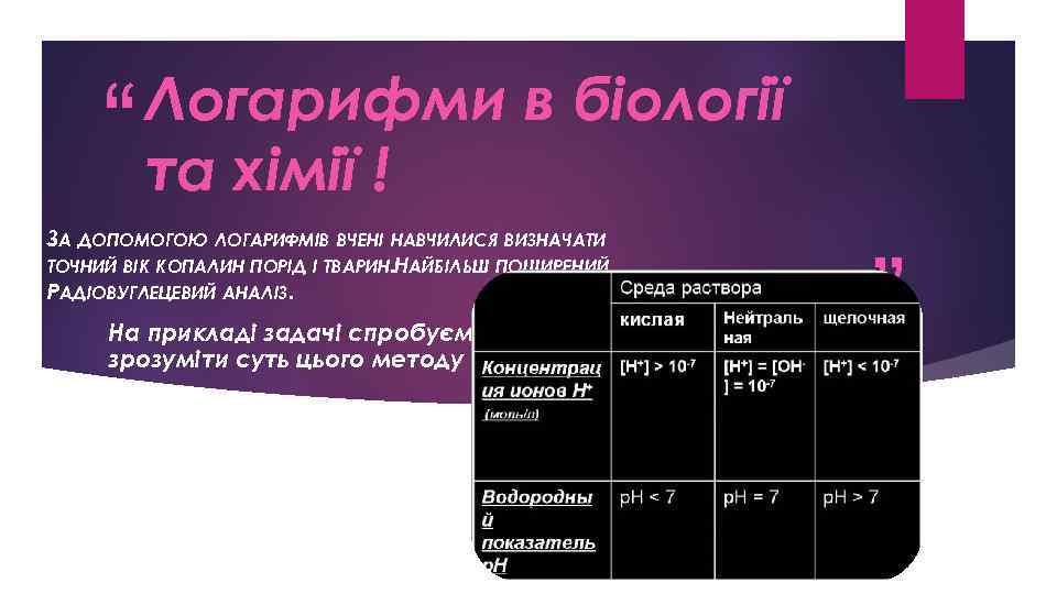 “ Логарифми в біології та хімії ! ЗА ДОПОМОГОЮ ЛОГАРИФМІВ ВЧЕНІ НАВЧИЛИСЯ ВИЗНАЧАТИ ТОЧНИЙ