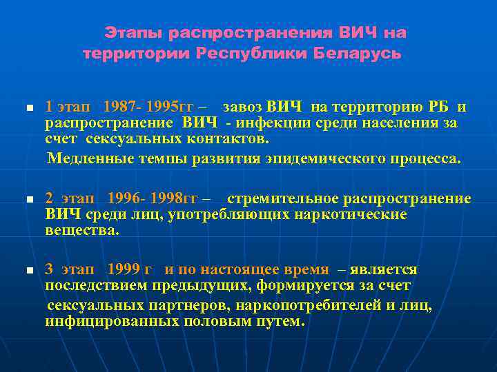 Этапы распространения ВИЧ на территории Республики Беларусь n n n 1 этап 1987 -