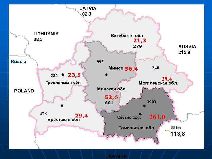 LATVIA 102, 3 LITHUANIA 38, 3 Витебская обл 21, 3 279 Russia RUSSIA 215,