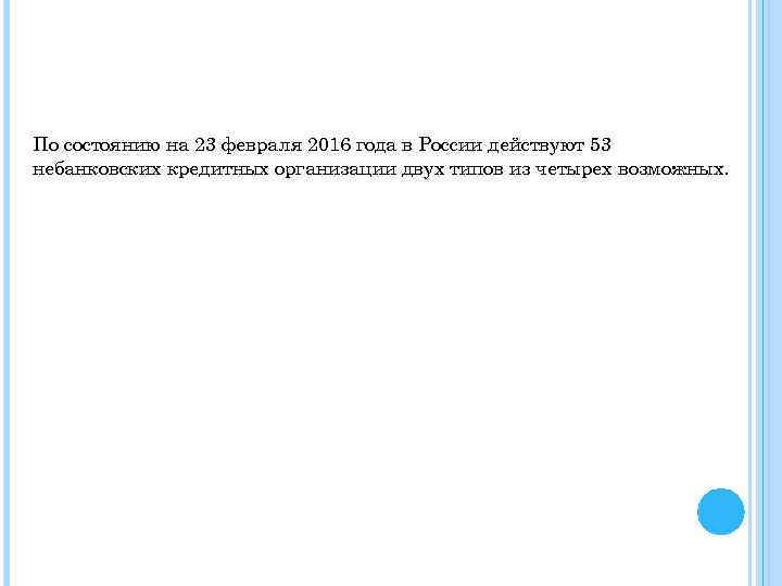 По состоянию на 23 февраля 2016 года в России действуют 53 небанковских кредитных организации