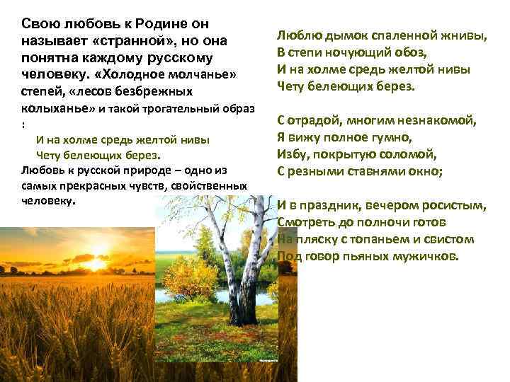 Свою любовь к Родине он называет «странной» , но она понятна каждому русскому человеку.