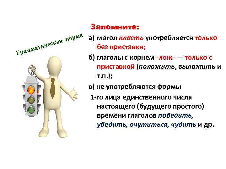 Запомните: орма а) глагол класть употребляется только н ская е без приставки; атич амм