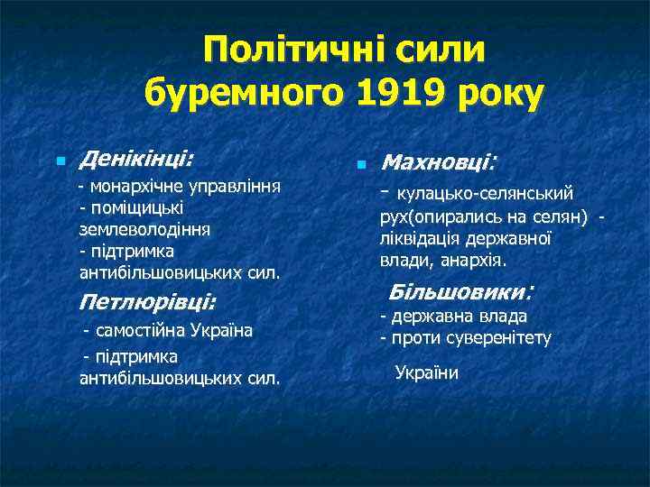 Політичні сили буремного 1919 року Денікінці: - монархічне управління - поміщицькі землеволодіння - підтримка