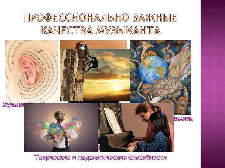 Чувство ритма Музыкальный слух Целеустремлённость Музыкальная память Хорошая координация Творческие и педагогические способности 