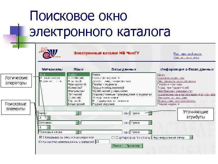 Поисковое окно электронного каталога Логические операторы Поисковые элементы Уточняющие атрибуты 