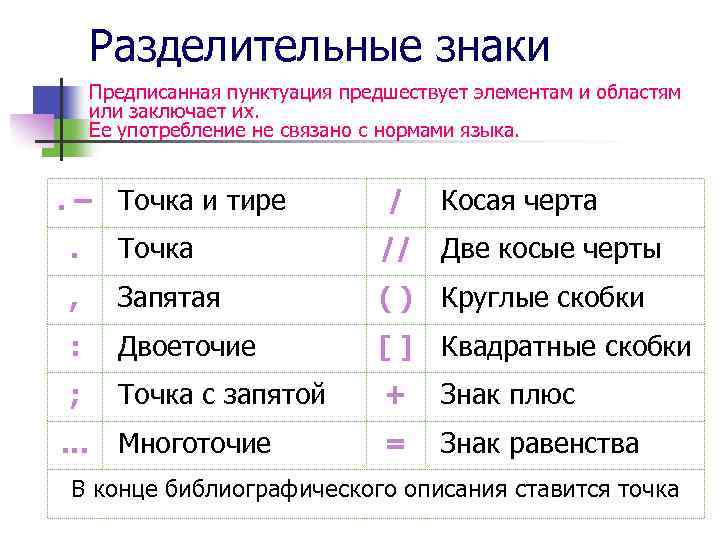 Разделительные знаки Предписанная пунктуация предшествует элементам и областям или заключает их. Ее употребление не