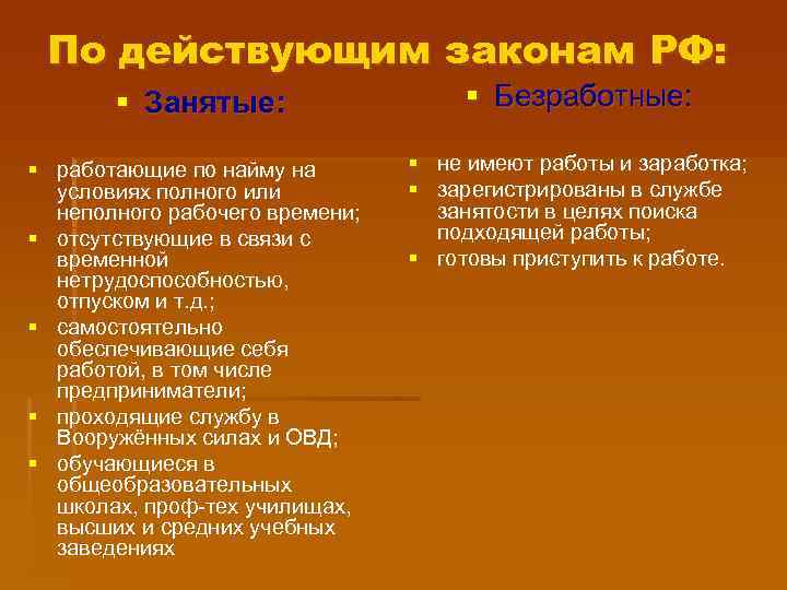 По действующим законам РФ: § Занятые: § Безработные: § работающие по найму на условиях