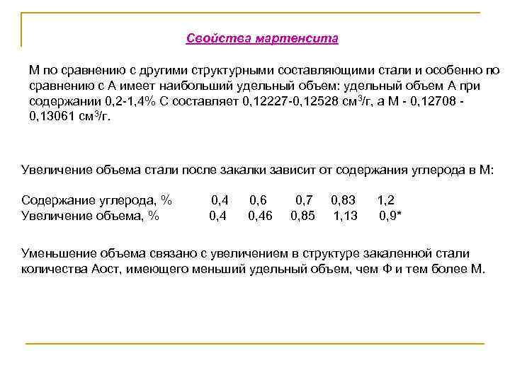 Свойства мартенсита М по сравнению с другими структурными составляющими стали и особенно по сравнению