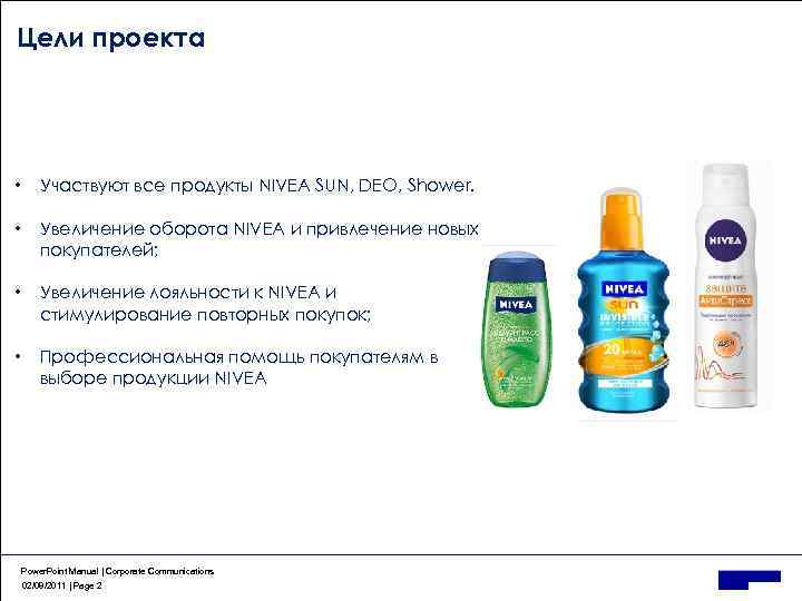 Цели проекта • Участвуют все продукты NIVEA SUN, DEO, Shower. • Увеличение оборота NIVEA