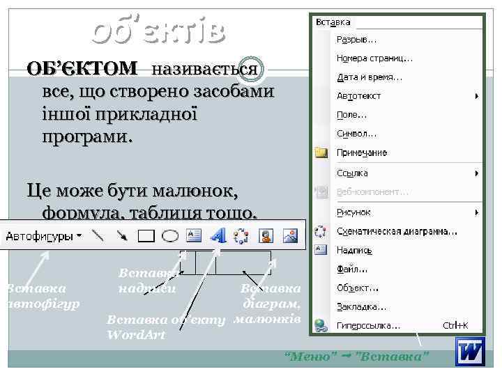 об’єктів ОБ’ЄКТОМ називається все, що створено засобами іншої прикладної програми. Це може бути малюнок,