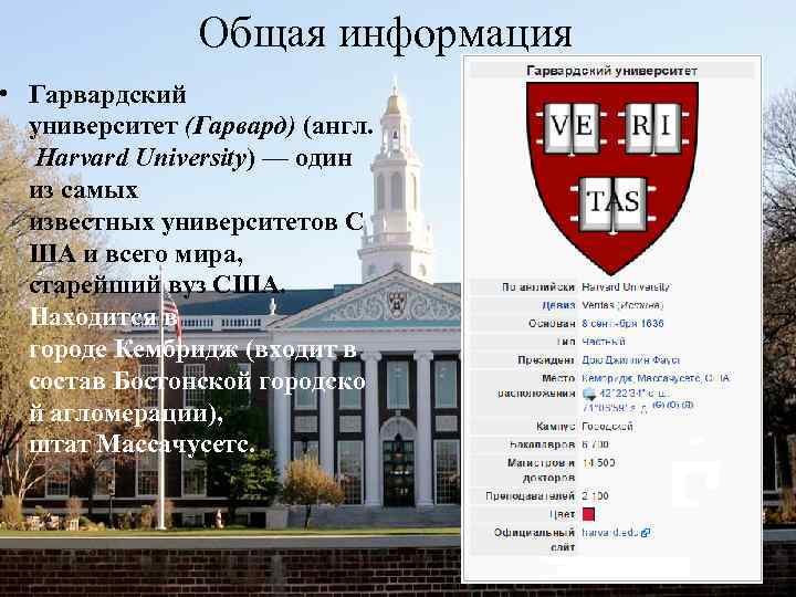 Общая информация • Гарвардский университет (Гарвард) (англ. Harvard University) — один из самых известных