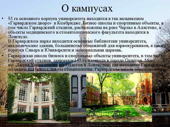 О кампусах • 85 га основного корпуса университета находится в так называемом «Гарвардском дворе»