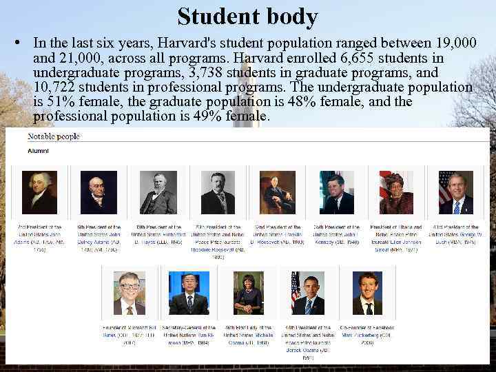 Student body • In the last six years, Harvard's student population ranged between 19,