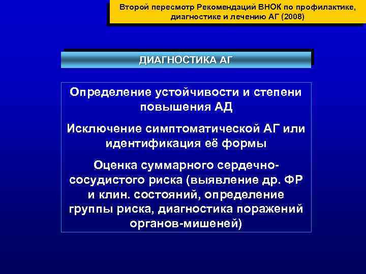 Второй пересмотр Рекомендаций ВНОК по профилактике, диагностике и лечению АГ (2008) ДИАГНОСТИКА АГ Определение
