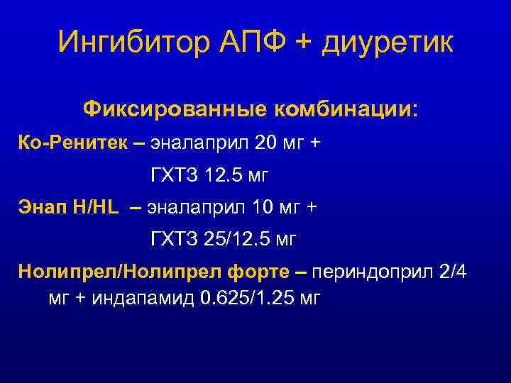 Ингибитор АПФ + диуретик Фиксированные комбинации: Ко-Ренитек – эналаприл 20 мг + ГХТЗ 12.