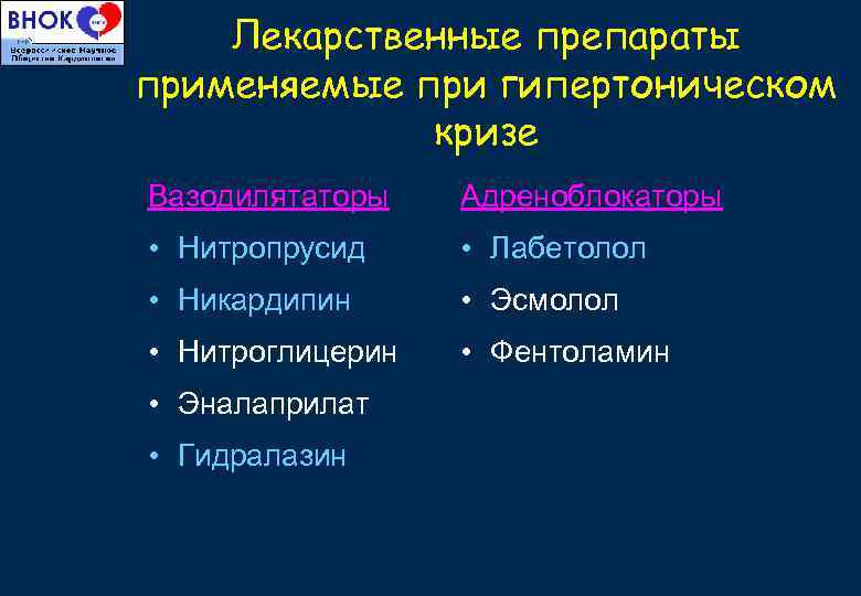 Лекарственные препараты применяемые при гипертоническом кризе Вазодилятаторы Адреноблокаторы • Нитропрусид • Лабетолол • Никардипин