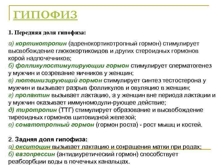 ГИПОФИЗ 1. Передняя доля гипофиза: а) кортикотропин (адренокортикотропный гормон) стимулирует высвобождение глюкокортикоидов и других