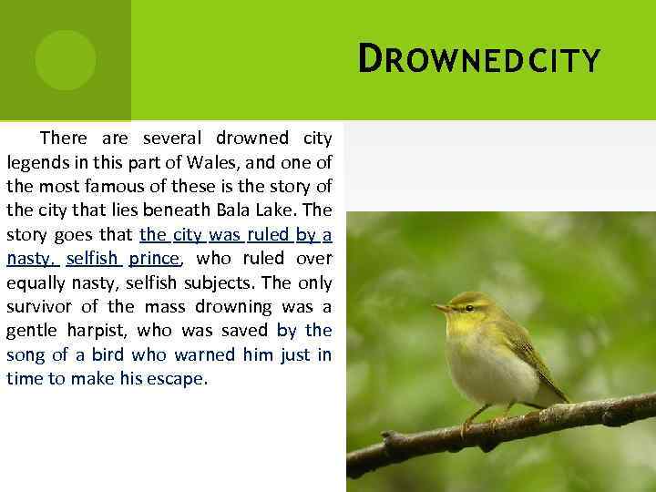 D ROWNED CITY There are several drowned city legends in this part of Wales,