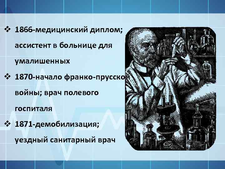 v 1866 -медицинский диплом; ассистент в больнице для умалишенных v 1870 -начало франко-прусской войны;