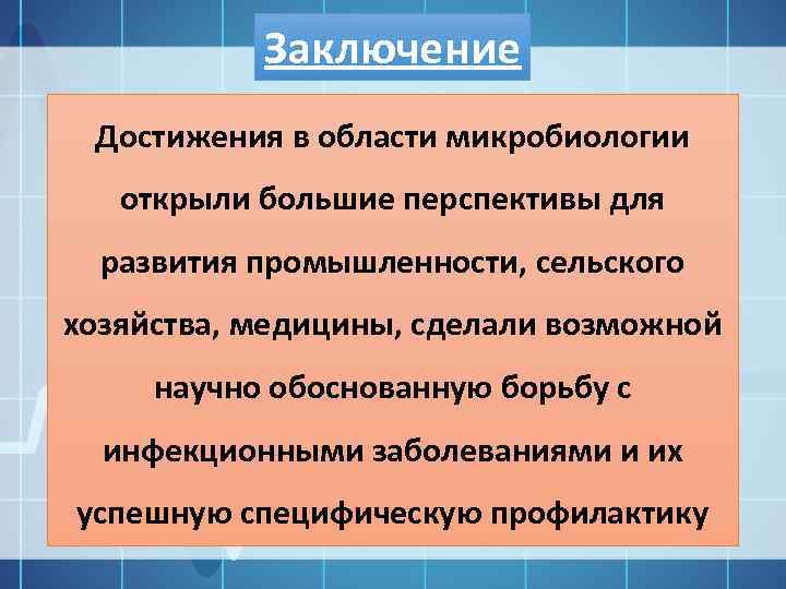 Заключение Достижения в области микробиологии открыли большие перспективы для развития промышленности, сельского хозяйства, медицины,