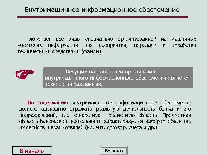 Внутримашинное информационное обеспечение включает все виды специально организованной на машинных носителях информации для восприятия,