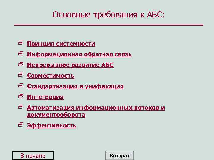Основные требования к АБС: 2 Принцип системности 2 Информационная обратная связь 2 Непрерывное развитие